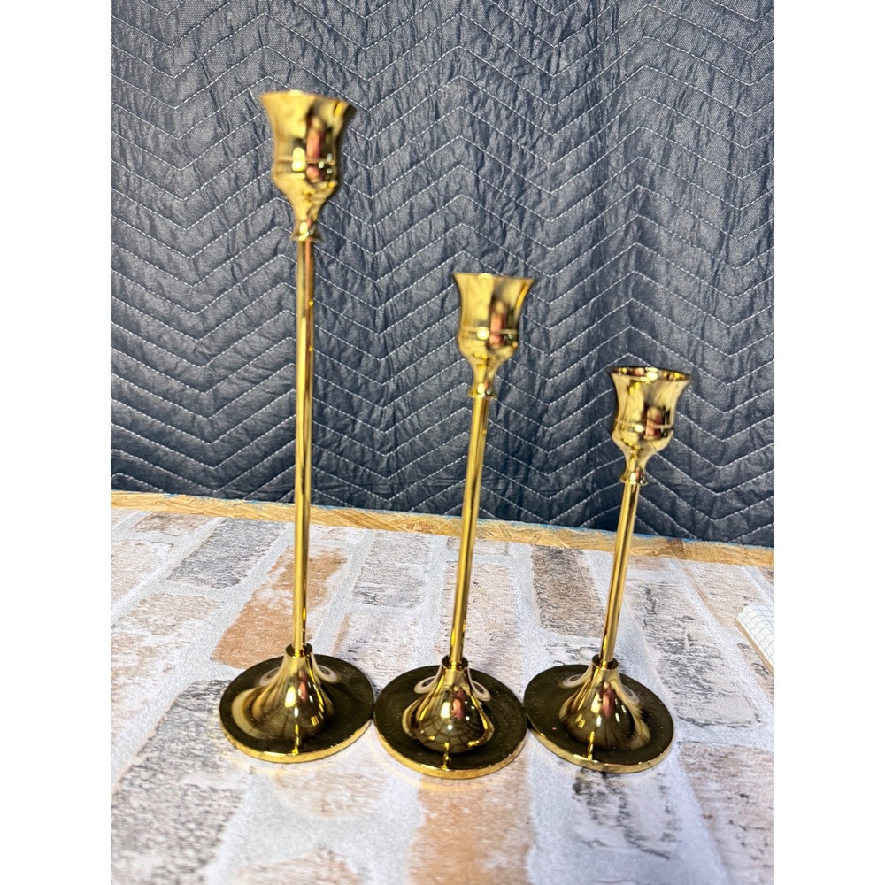 Set of 3 Gold Taper Candle Holders Modern Slender Candlestick Set Tiered Heights